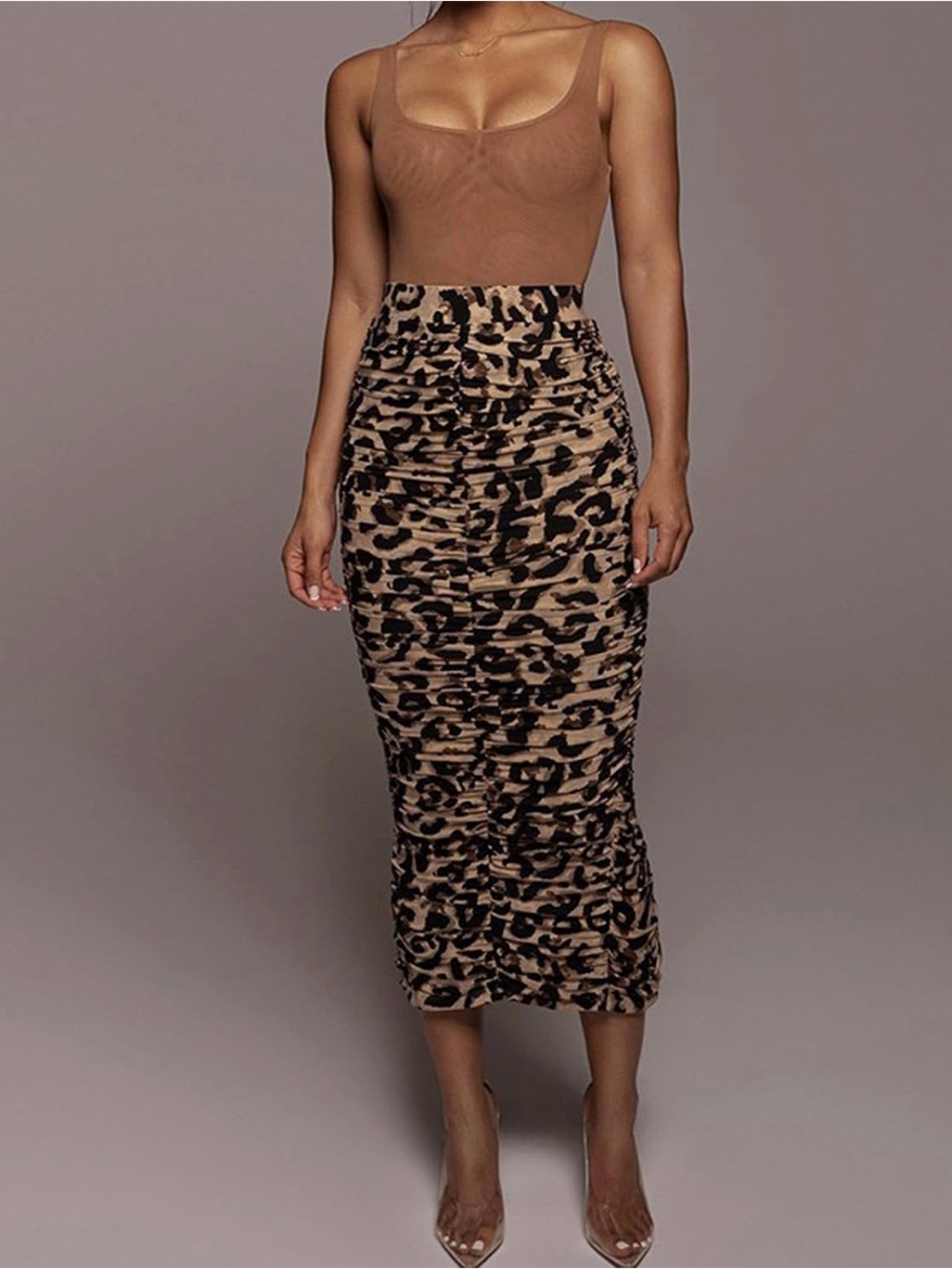 Leopard Print Ruched Midi Skirt - Brown
